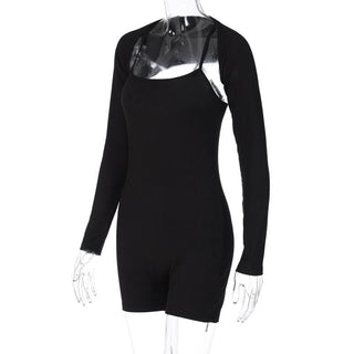 Solid ribbed cross back long sleeve shrug romper