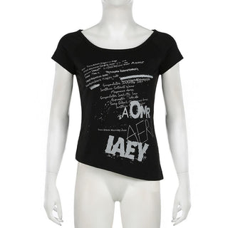 Short sleeve letter print irregular round neck top