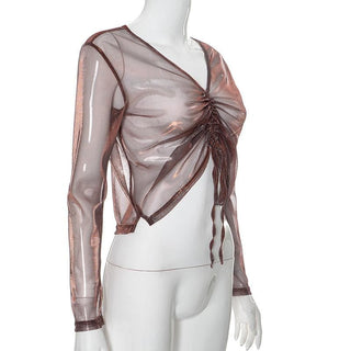 Long sleeve v neck drawstring ruched mesh top