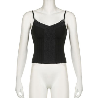 Stitch v neck lace hem backless solid cami top