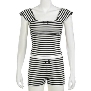 Striped print cap sleeve bowknot pant set