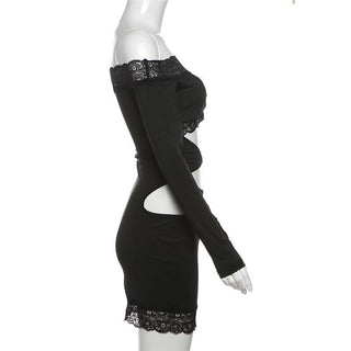 Long sleeve off shoulder lace hem hollow out cut out mini dress