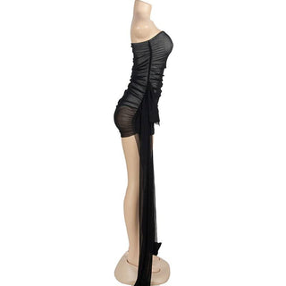 Backless mesh ruched tube mini dress