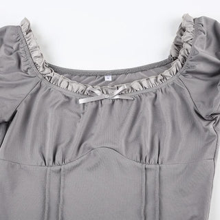 Short puff sleeve stitch ruffle bowknot top