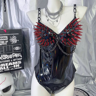 PU leather rivet metal chain bodysuit