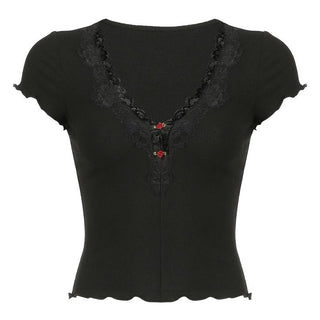 Short sleeve v neck ruffle lace hem ribbed top