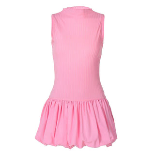 Sleeveless high neck ruched ribbed mini dress