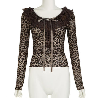 Long sleeve ruffle leopard print bowknot ribbon top