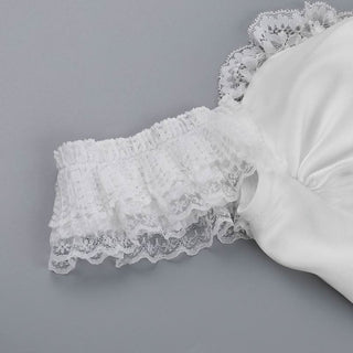 Lace hem off shoulder ruched smocked top