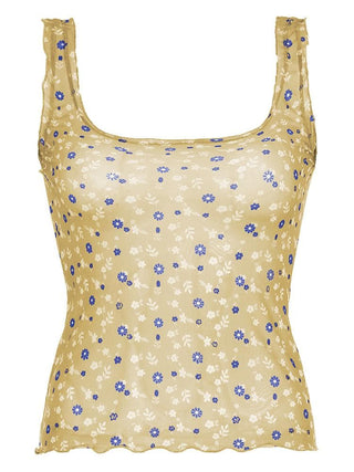Square neck ruffle sheer mesh flower print tan tank top