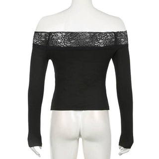 Off shoulder long sleeve lace hem abstract top
