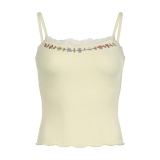 U neck ribbed embroidery ruffle cami top