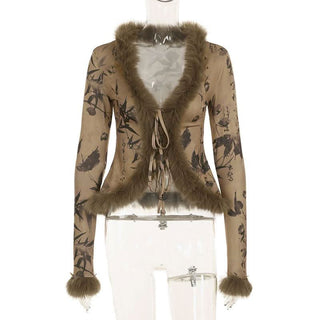 Long sleeve fluffy self tie print top