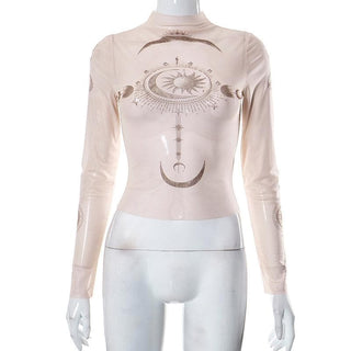 Sheer mesh abstract contrast see through long sleeve top