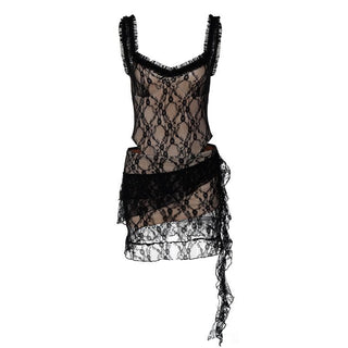 Lace ruffle ruched hollow out cami cut out mini dress