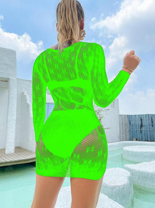 Long sleeve crewneck fishnet pattern mini dress