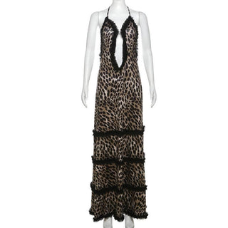 Halter deep v neck leopard print ruffle maxi dress
