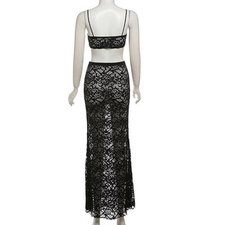 Lace see through u neck backless cami maxi skirt set