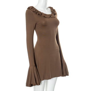 Long flared sleeve ruffle round neck ruched mini dress