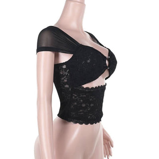 Hollow out lace cap sleeve v neck solid cut out top