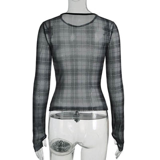 Long sleeve plaid crewneck mesh top