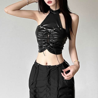 Halter backless PU leather zip-up crop top