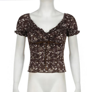 Short shoulder flower print ruffle top