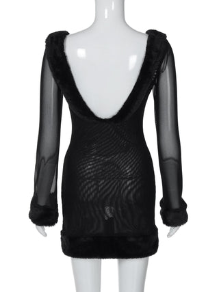 Long sleeve u neck fluffy mesh see through mini dress