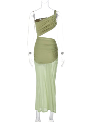 One shoulder ruched hollow out mesh cut out maxi dress
