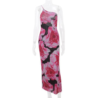 One shoulder irregular flower print cami midi dress