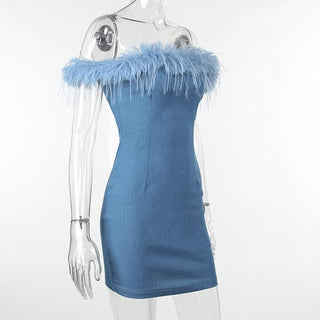 Feather off shoulder solid backless zip-up denim mini dress