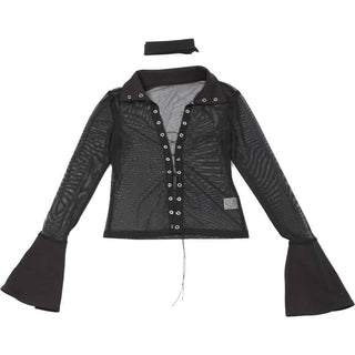 Turnover collar long sleeve mesh self tie top