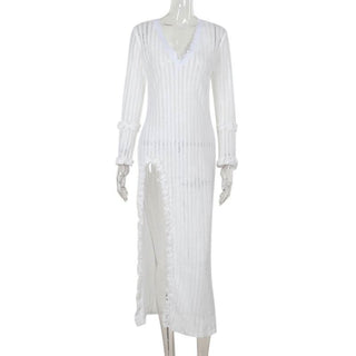 Long sleeve v neck lace slit knitted midi dress