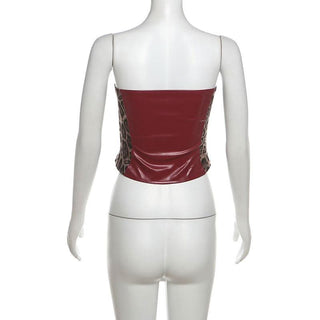 Leopard print lace up PU leather patchwork tube top