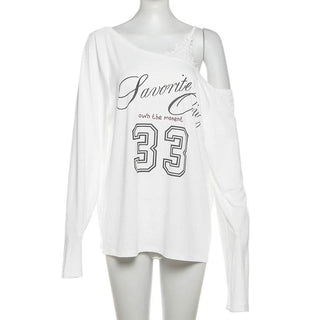 One shoulder long sleeve "33" print top