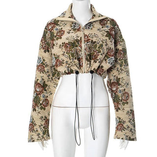Zip-up long sleeve drawstring flower print top