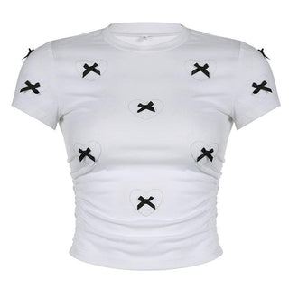 Short sleeve bowknot beaded ruched top