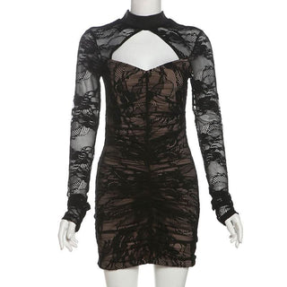 High neck long sleeve lace hollow out cut out mini dress