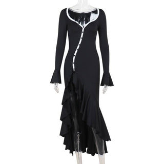 Long flared sleeve v neck button slit ruffle maxi dress