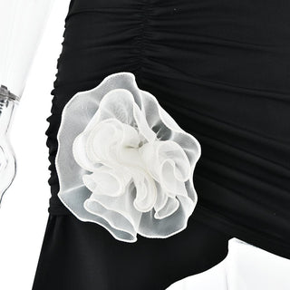 Halter ruched flower applique ruffle mini dress