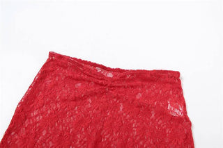 Self tie lace ruched knotted see through maxi skirt set