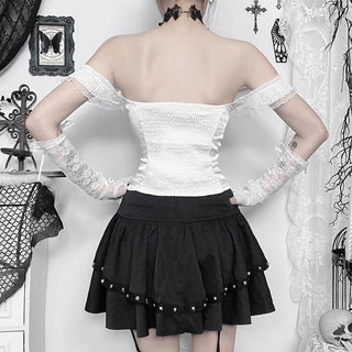 Lace hem off shoulder ruched smocked top