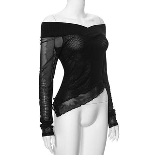 Long sleeve off shoulder mesh ruffle irregular top