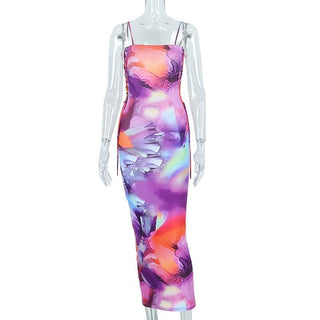 Print lace up backless contrast cami midi dress