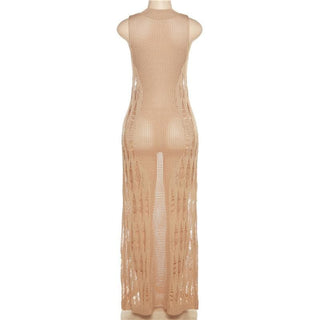 Crochet solid sleeveless see through round neck maxi dress-final-sale