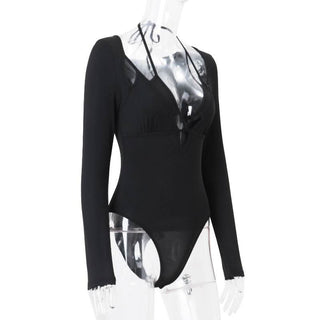 Long sleeve halter self tie v neck button bodysuit