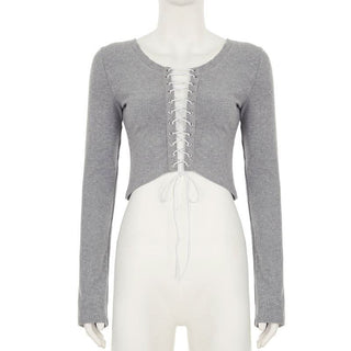Long sleeve crewneck lace up crop top