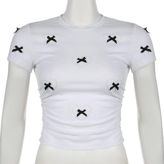 Short sleeve bowknot beaded ruched top