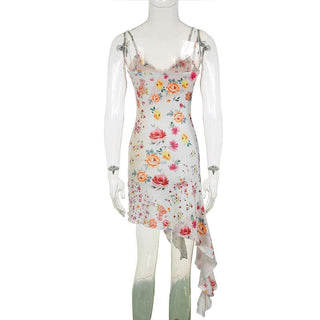 V neck lace hem flower print cami mini dress