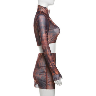Long sleeve high neck print sheer mesh crop mini skirt set